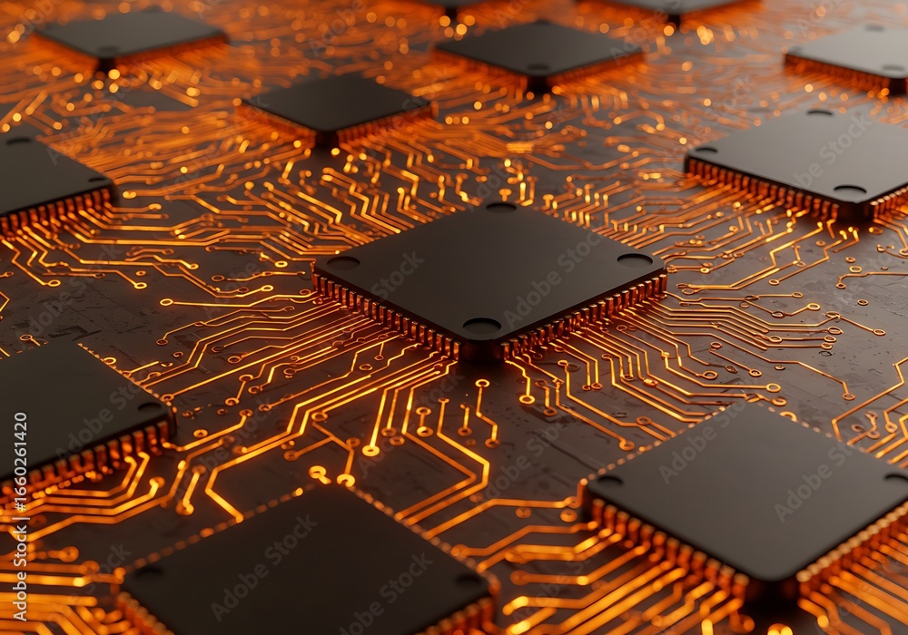 Poster close up of computer chip on circuit board with orange light effect