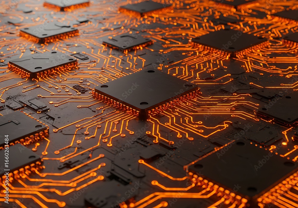 Poster close up of computer chip on circuit board with orange light effect