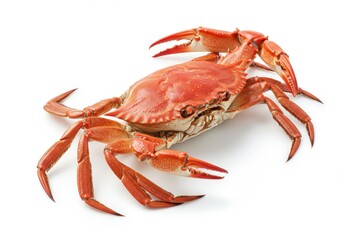 Steamed crab with red shell and legs, with some shadow under its body on white backdrop