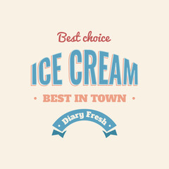 Ice cream blue banner. Sweet cold dessert social media advertising. Retro brand post with text. Branding for cafe or shop. Flat vintage Vector illustration.