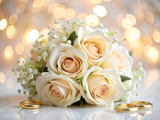 Obraz premium Closeup of a wedding bouquet with roses and rings on a white background