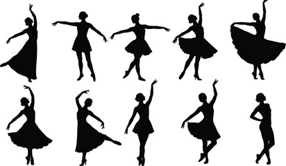 Elegant ballerina silhouette set, female ballet dancer poses, classical dance vector collection, graceful movement, black isolated figures, performance artElegant ballerina silhouette set, female ball © Mason Murp Creations