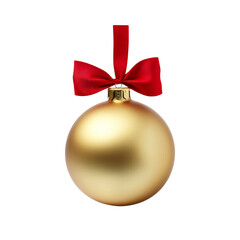 Shiny gold Christmas ornament with red ribbon bow creates festive holiday atmosphere