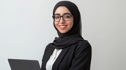 A confident Muslim businesswoman wearing a hijab and glasses, looking at the camera with a professional and approachable demeanor while using a laptop.