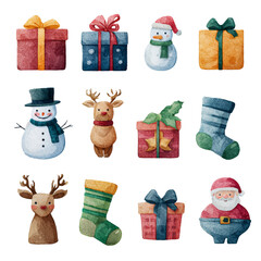 Watercolor Christmas icons featuring gifts, snowmen, reindeer, stockings, and Santa Claus, evoking festive holiday spirit