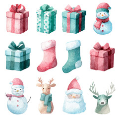 Watercolor Christmas elements including gifts, stockings, snowmen, Santa, and reindeer create festive holiday theme
