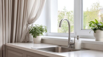Naklejka premium modern kitchen sink under large window with white curtains, chrome faucet, minimal soap dispenser, green potted plant on sill