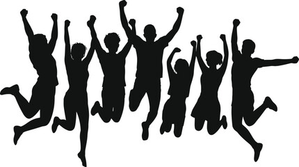 Silhouette of happy people jumping together, celebrating success, teamwork, freedom, joy, fun, group energy, motivation, outdoor activity, unity