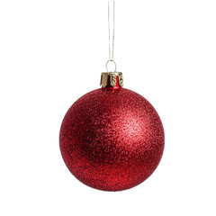 Sparkling red Christmas ornament hangs elegantly, adding festive cheer to holiday decor