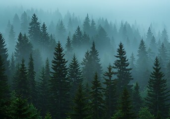 Fototapeta premium Dense Green Pine Forest in Heavy Fog