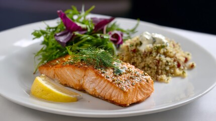 Baked chum salmon fillet with lemon wedge and fresh salad for gourmet dining.