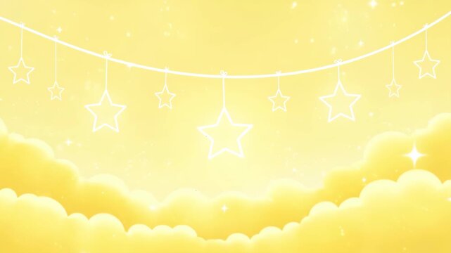 Dreamy Pastel Yellow Star Background - A whimsical animation featuring a string of white outline stars hanging against a soft yellow background of fluffy clouds and sparkling lights.