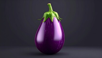 A vibrant, deep purple eggplant takes center stage against a dark backdrop, showcasing its glossy texture and lush green stem.