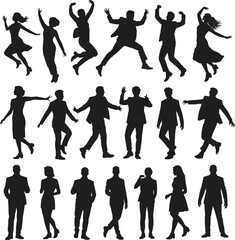Collection of dancing and walking people silhouette illustrations, capturing various movements, fashion styles, and dynamic body poses for creative design