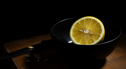 Close-up of a lemon slice resting in a dark bowl, highlighting the fruit's texture and color against a dark background.