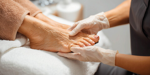 A beauty salon professional gives an elderly person a pedicure. Body and health care concept.