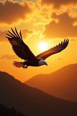 Obraz premium Bald Eagle Soaring Over Mountains at Sunset – Majestic Wildlife Photography