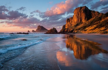 A coastal scene at dusk. Gentle waves lap a sandy beach reflecting sunset colors as majestic rock formations rise