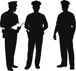 Silhouette of three police officers discussing and reporting, uniformed law enforcement team, safety, protection, authority, communication, teamwork, duty