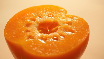 Persimmon slice glows with star-shaped seeds in warm natural light