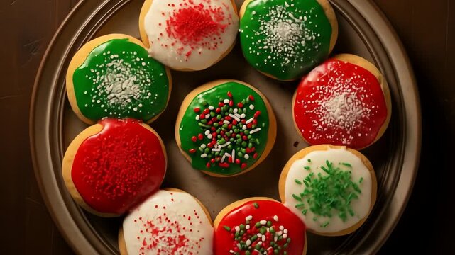 Flat lay overhead shot of a plate of assorted Christmas cookies decorated with red and green icing and sprinkles on a dark brown wooden background, showcasing festive