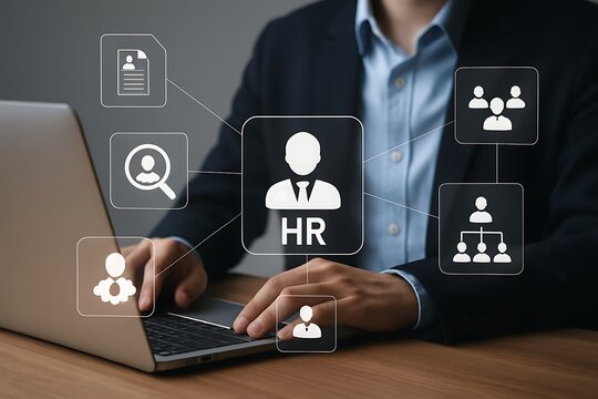 Businessman using laptop with human resources icons and employee management concepts