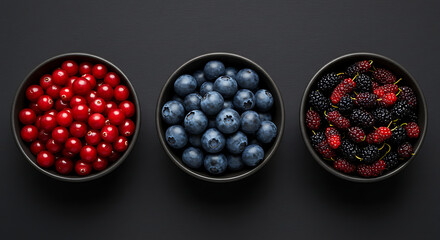 Three black bowls filled with vibrant red currants, blueberries, and mulberries, arranged on a dark background.