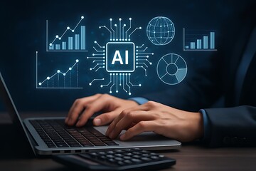 Person working on laptop with artificial intelligence and data analysis graphics
