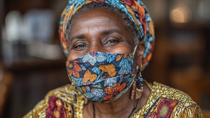 Black Senior Woman in Traditional African Dress, Smiling, Wearing Face Mask - Focus on Face