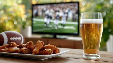 Tasty chicken wings and a glass of beer sit on a table in front of a television showing a football game