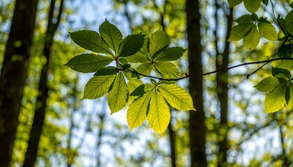 Obraz premium Brightly lit leaves of a horse chestnut tree branch against a blurred background of surrounding trees.