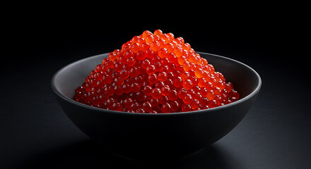 Close-up of a black bowl filled with a mound of vibrant orange salmon roe against a dark background.