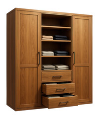 Wooden wardrobe with multiple doors, shelves, and drawers for organized clothing storage.