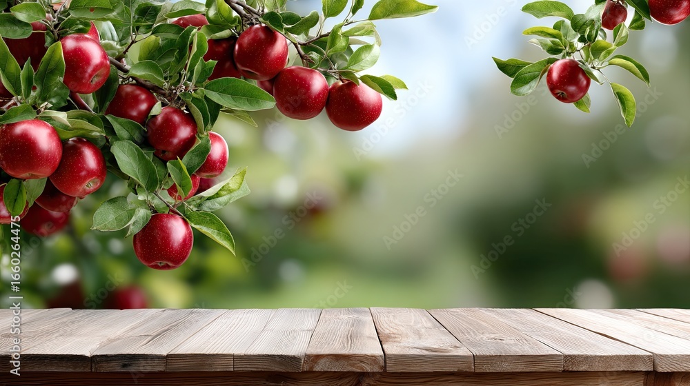 Poster lush red apples rest on branches surrounded by greenery, creating a picturesque orchard view with a 