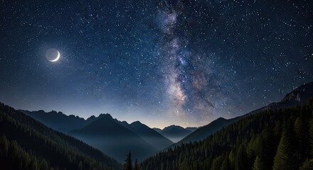 Majestic mountain range under a starry night sky with the Milky Way and a crescent moon.