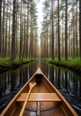 Obraz premium Paddling a Wooden Canoe on a Calm River Through a Pine Forest.