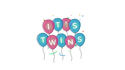 It's Twins baby announcement with pink and blue balloons and falling confetti. Gender reveal celebration for newborn boy and girl siblings. Cartoon vector art with a transparent background.