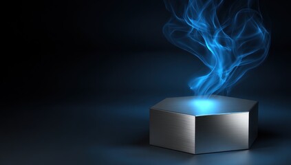 Hexagonal metallic pedestal with blue ethereal smoke.