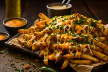 Delicious cheesy fries loaded with gooey melted cheese and toppings