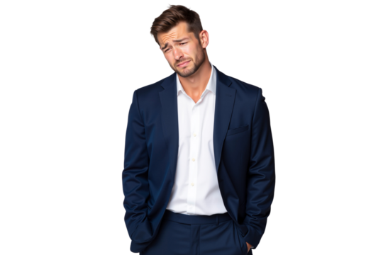Depressed handsome young businessman with a sad and dejected expression, hands in pockets, isolated on transparent background
