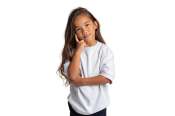 Cute young girl with a thoughtful and pensive expression, posing with her finger on her chin in a thinking gesture, isolated on transparent background