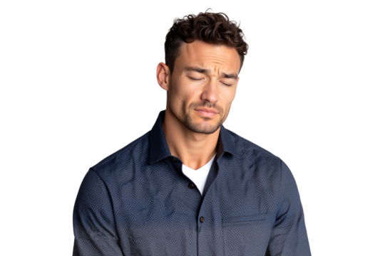 Handsome young man with a deeply pained and distressed expression, eyes closed in sorrow, isolated on white background