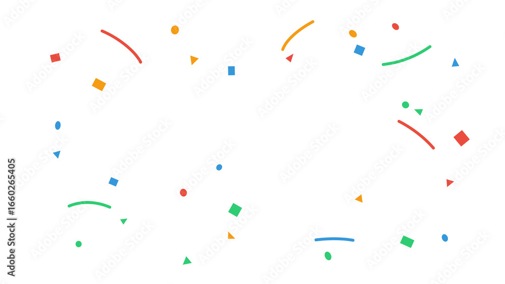 Poster colorful confetti with abstract geometric shapes like circles, squares, and triangles, creating a fe