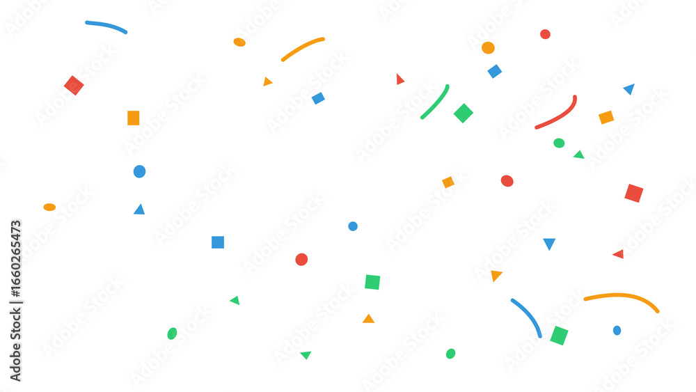 Poster colorful falling confetti with various geometric shapes like circles, squares, and triangles. festiv
