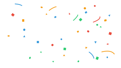 Colorful falling confetti with various geometric shapes like circles, squares, and triangles. Festive celebration abstract background element with a transparent background for easy layering.