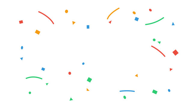 Colorful confetti with abstract geometric shapes like circles, squares, and triangles, creating a festive frame for celebration, party, or events. Isolated graphic on a transparent background.