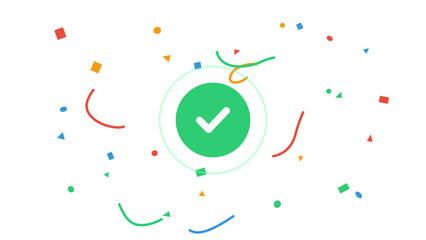 Green checkmark icon with colorful confetti celebration graphic element. Symbol of success, approval, and completion. Isolated illustration with a transparent background for easy use. © mienakae