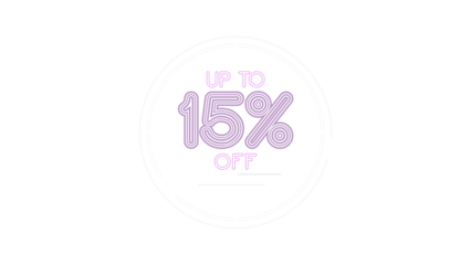 Up to 15% off discount promotion text. Modern purple and white neon typography design for retail sales and marketing. Graphic element with a transparent background for easy integration.