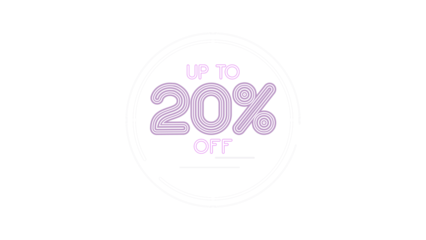 Up to 20 percent off neon sign style graphic. Glowing purple text inside a white circular frame for promotions, sales, and special offers. Isolated element with transparent background.