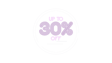 Up to 30 percent off neon sign for sales and promotions. This modern purple and white graphic element is perfect for advertising discounts. Isolated graphic with a transparent background.
